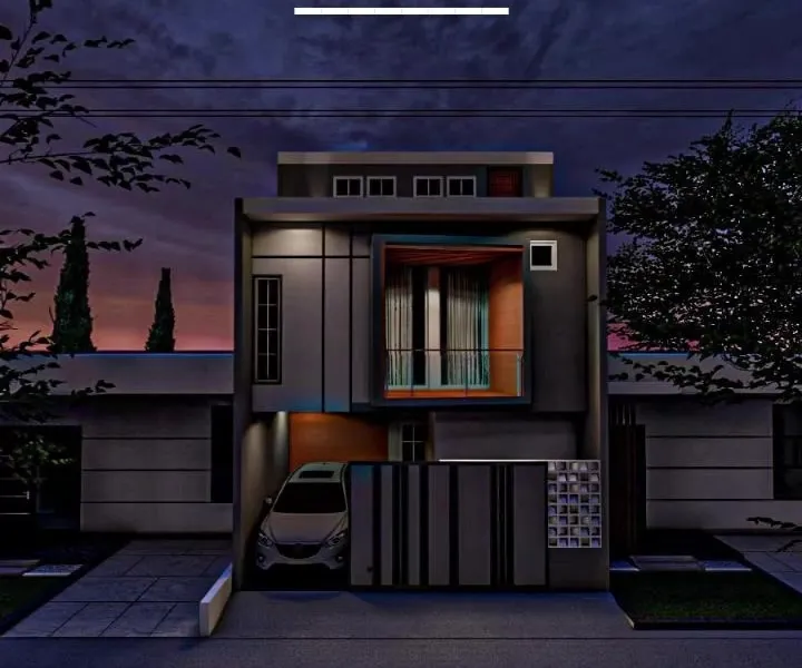 AV House — Fasad rumah perkotaan berlapis abu gelap dengan aksen kayu dan roster.