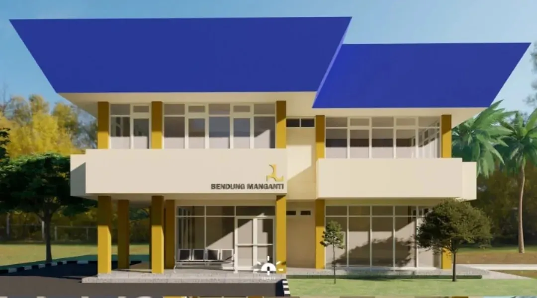 Gedung Bendungan Manganti — Gedung pengelola berlantai dua dengan atap biru, lobi terang, dan ruang rapat beraksen kayu.