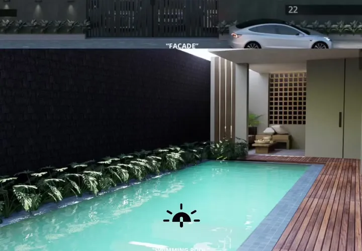 Kontraktor Bangun Rumah — Kolam dan dek kayu di halaman — Mr. HD House